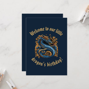 Convite de aniversário Dragão Medieval Azul e Dour