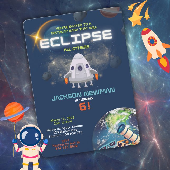 Convite de Aniversário Eclipse Espacial (Eclipse kid's birthday invitation for the little astronaut in your family.  )