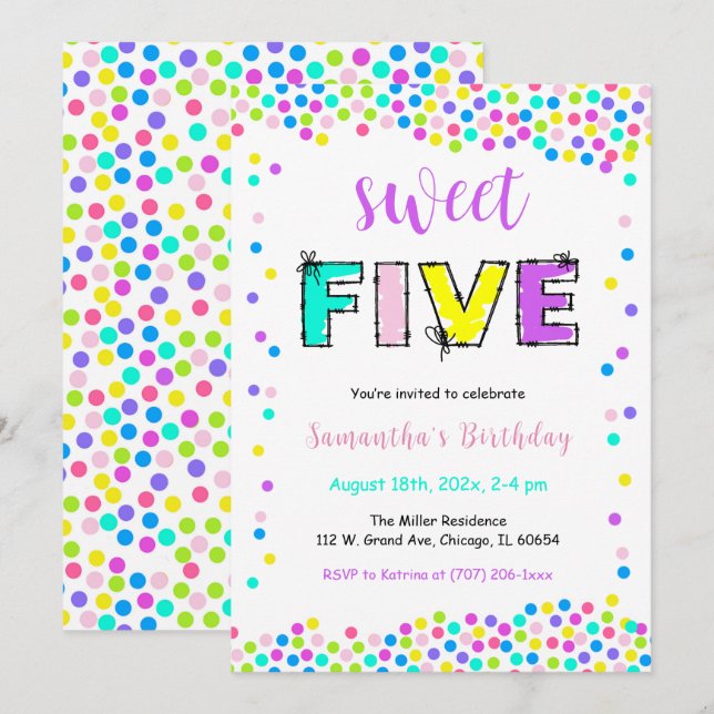 Convite de Aniversário Editável Menina Idade 5 (Frente/Verso)