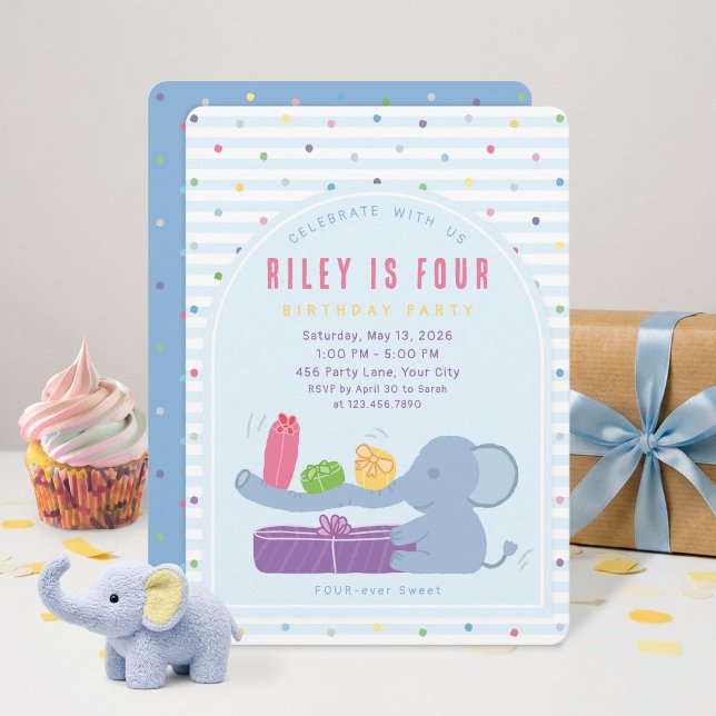 Convite de Aniversário Elefante de Tromba Longa &  (Celebrate a FOUR-ever sweet 4th birthday with this cute pastel elephant invitation suite!)