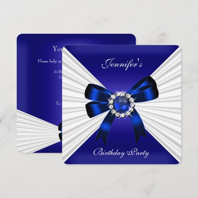 Convite de Aniversário Elegante Azul Royal Jóia Br (Frente/Verso)