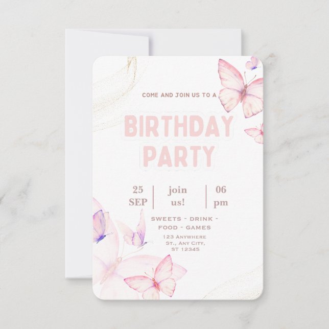 Convite de Aniversário Elegante Borboleta Rosa (Frente)