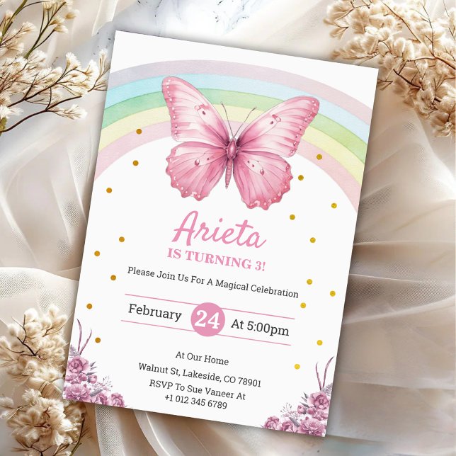 Convite de aniversário Elegante Borboleta Rosa (Criador carregado)