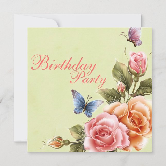 Convite de Aniversário Elegante Borboletas & Rosas (Frente)