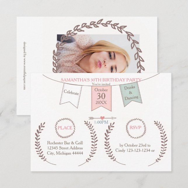 Convite de Aniversário Elegante Bunting - 3x5 (Frente/Verso)