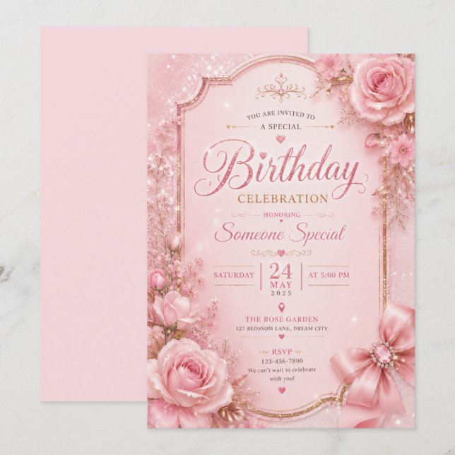 Convite de Aniversário Elegante com Flores Cor-de- (Frente/Verso)