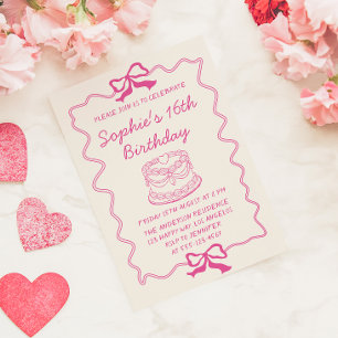 Convite de Aniversário Elegante com Laço Rosa e Bo