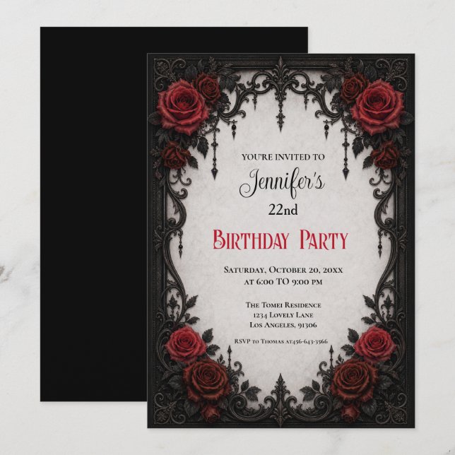 Convite de Aniversário Elegante com Rosas Vermelha (Frente/Verso)
