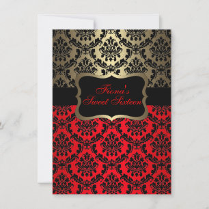 Convite de Aniversário Elegante Damasco Vermelho e