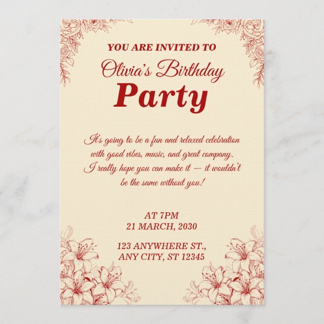 Convite de Aniversário Elegante – Design Floral Pe (Frente)