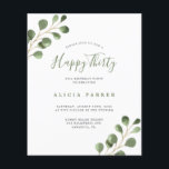 Convite de aniversário elegante do orçamento 30 an<br><div class="desc">Folhagem russa e única de cor d'água eucalipto verde Feliz 330º convite para o barato do ORÇAMENTO festa de aniversário. LEIA ISTO ANTES DE COMPRAR! Este é um cartão de barato de orçamento impresso em uma folha de papel (cada folha tem um cartão). Para obter a melhor qualidade de preço,...</div>