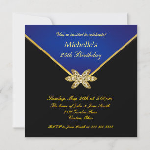 Convite de aniversário Elegante Dourado Azul Senh