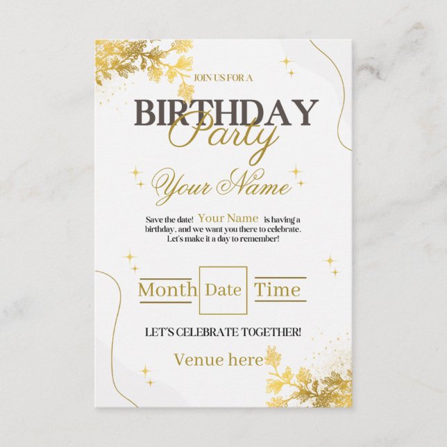 Convite de Aniversário Elegante em Dourado e Branc (Frente)