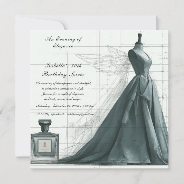 Convite de Aniversário Elegante Esboço de Moda  (Frente)