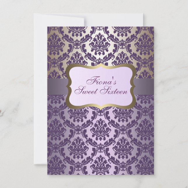 Convite de Aniversário Elegante Roxo & Dourado Dam (Frente)