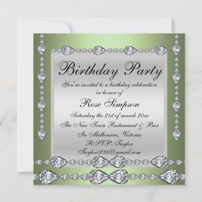 Convite de Aniversário Elegante Verde e Prata com  (Frente)
