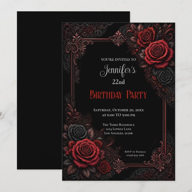 Convite de Aniversário Elegantes Rosas Vermelhas (Frente/Verso)