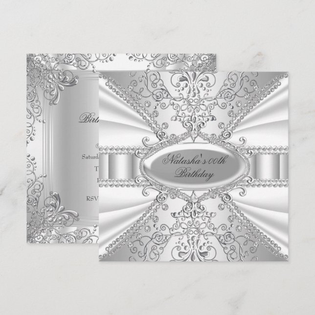 Convite de Aniversário em Damasco Prata e Branco c (Frente/Verso)