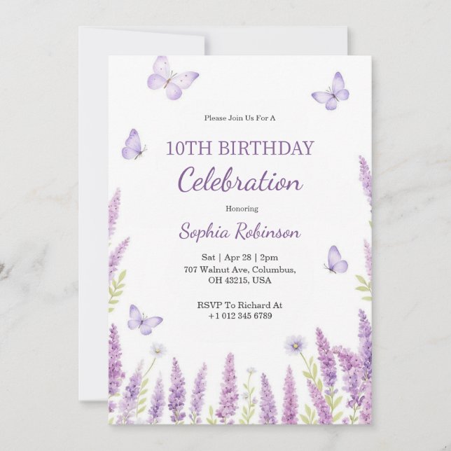 Convite de aniversário em floral roxo & borboleta (Frente)