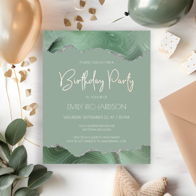 Convite de Aniversário em Verde Sage Prata Ágata (Criador carregado)