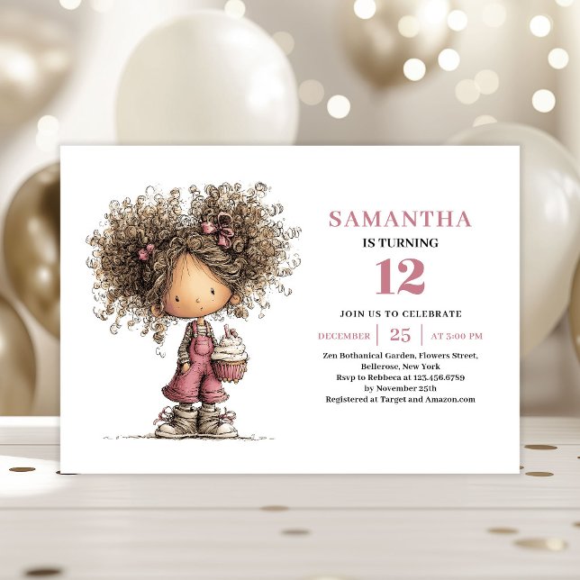 Convite de Aniversário Engraçado para Menina de Ca (Funny Curly Girl Birthday Invitation Dusty Pink)