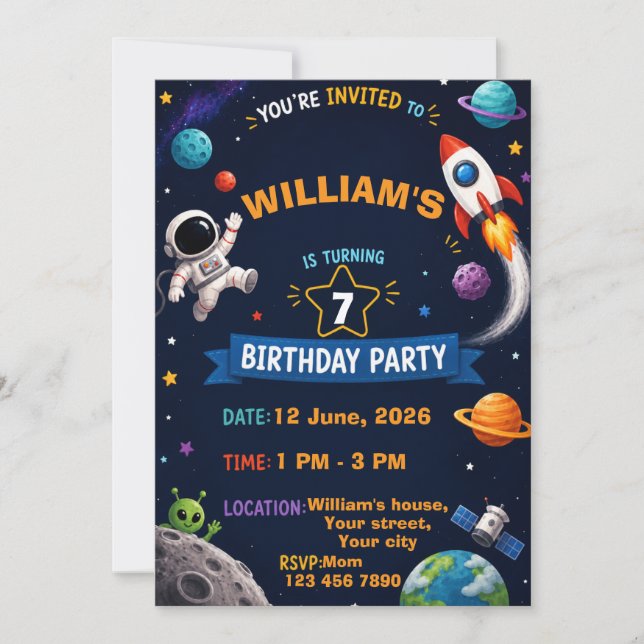 Convite de Aniversário Espacial para Crianças | Pe (Frente)