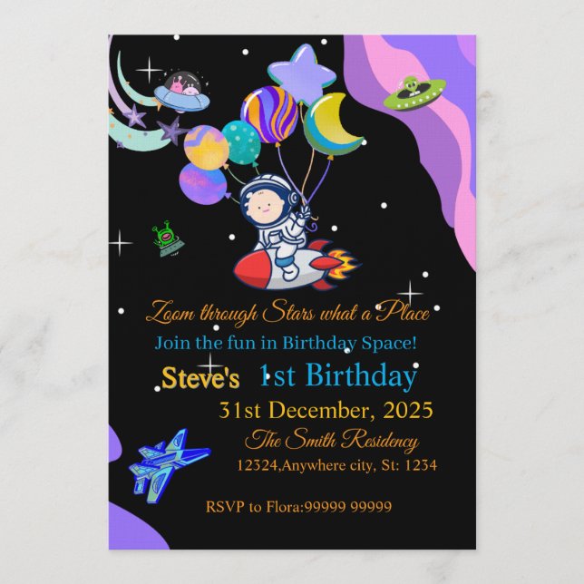 Convite de Aniversário Espacial | Qualquer Idade d (Frente)