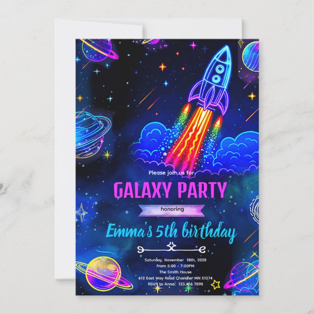Convite de Aniversário Espaço Galáxia Neon (Frente)