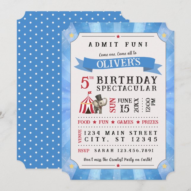 Convite de Aniversário Espetacular de Circo (Azul) (Frente/Verso)