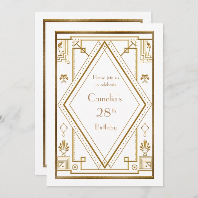 Convite de aniversário, excelente Gatsby, branco (Frente/Verso)