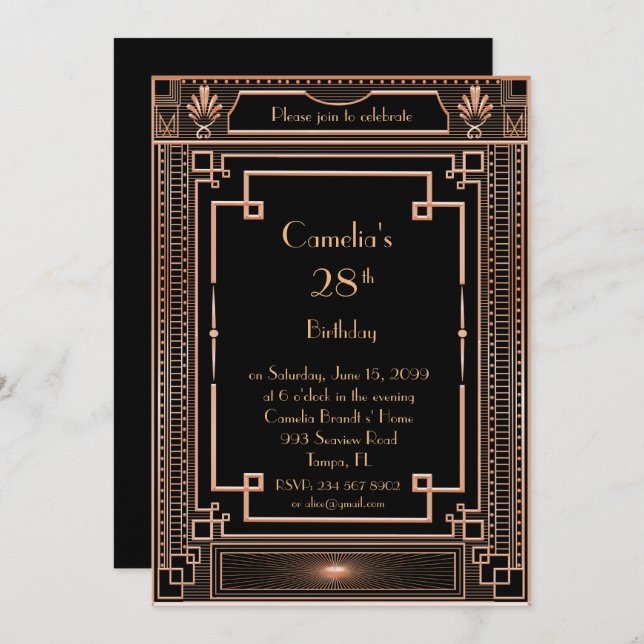 Convite de aniversário, excelente Gatsby, preto (Frente/Verso)