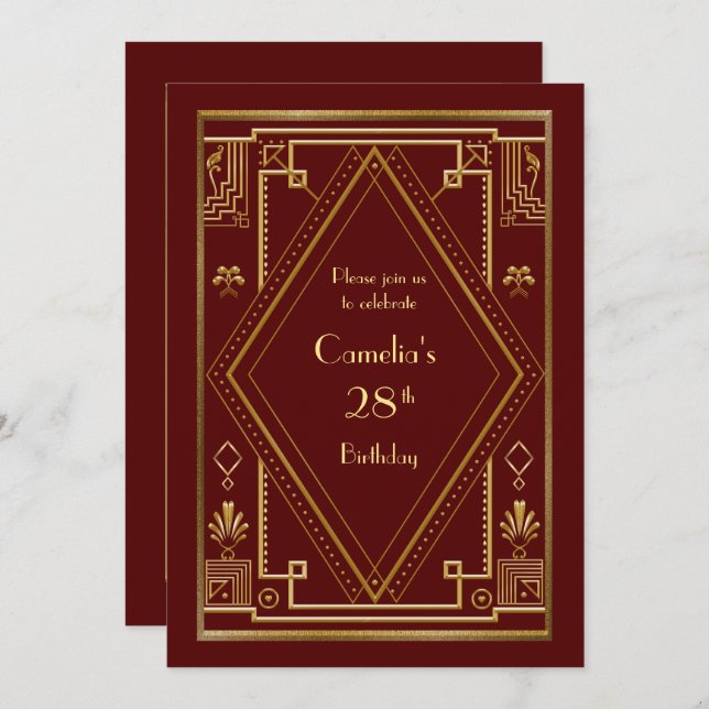 Convite de aniversário, excelente Gatsby, vermelho (Frente/Verso)