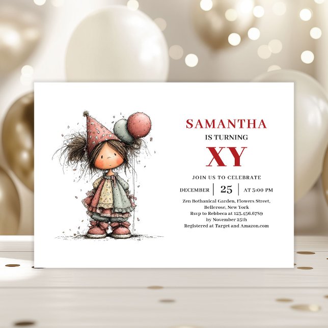 Convite de Aniversário Excêntrico e Fofo de Menina (Quirky Cute Little Girl Whimsy Birthday Invitation

)
