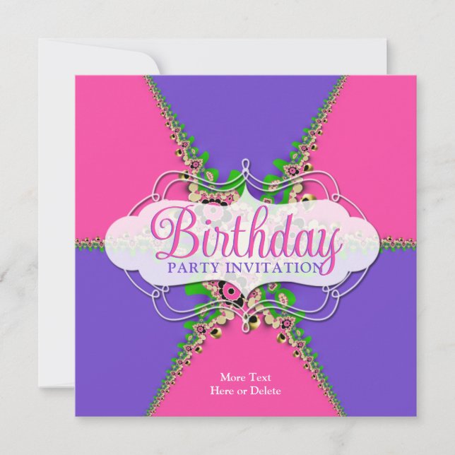 Convite de Aniversário Exótico de Renda Roxa Rosa (Frente)