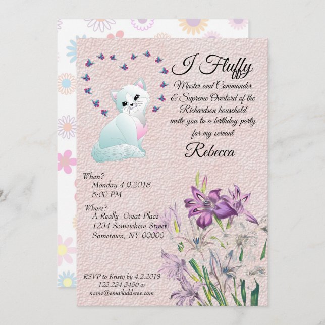 Convite de aniversário feito por um gato (Frente/Verso)