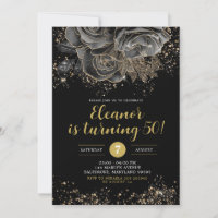 Convite de Aniversário Feminino Floral Preto Doura