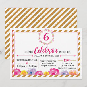 Convite de aniversário feminino listrado floral