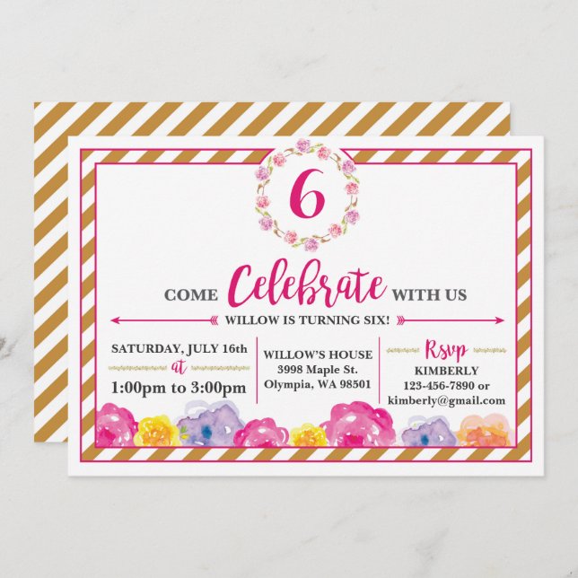 Convite de aniversário feminino listrado floral (Frente/Verso)