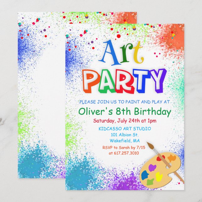Convite de Aniversário Festa de Arte para QUALQUER (Frente/Verso)