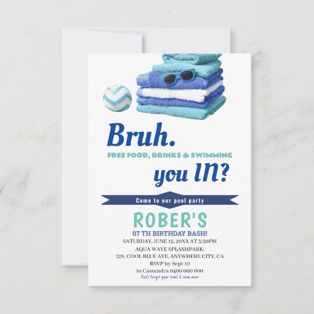 Convite de Aniversário Festa de Piscina Azul dos M (Frente)