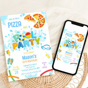 Convite de Aniversário Festa de Pizza na Piscina