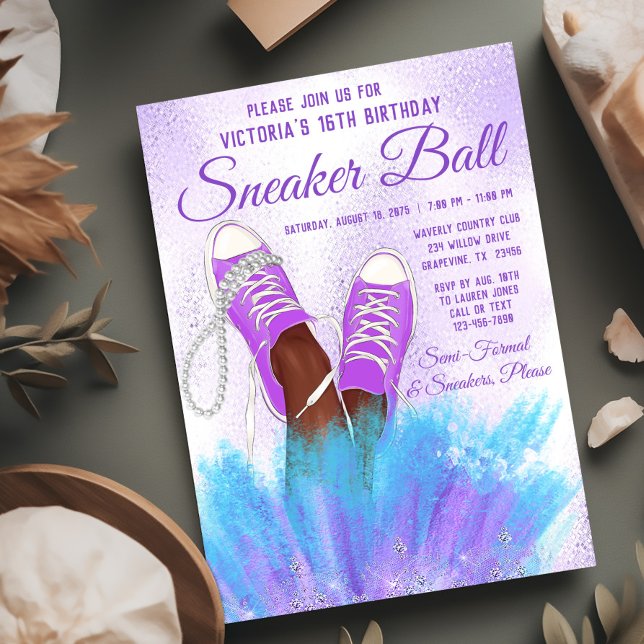 Convite de Aniversário Festa de Tênis Lavanda (Purple teal sneaker ball invitation. Instant download file and printed invitations available.)