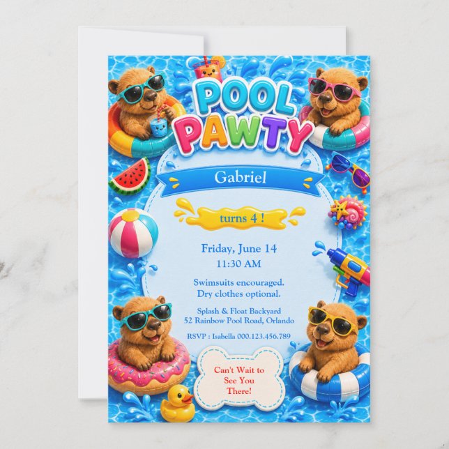 Convite de Aniversário Festa na Piscina de Capivar (Frente)