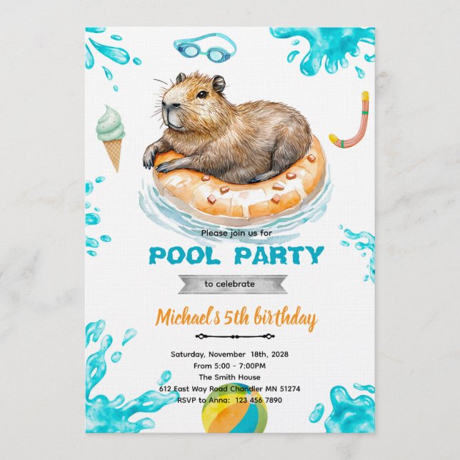 Convite de Aniversário Festa na Piscina de Capivar (Frente)