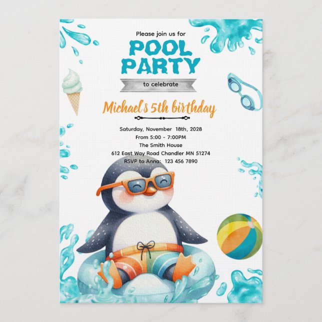 Convite de Aniversário Festa na Piscina de Pinguin (Frente)