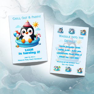Convite de Aniversário Festa na Piscina de Pinguin