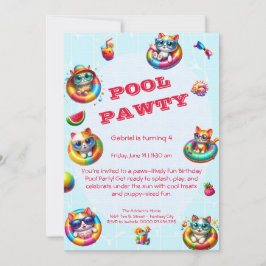 Convite de Aniversário Festa na Piscina Gatinho Fo