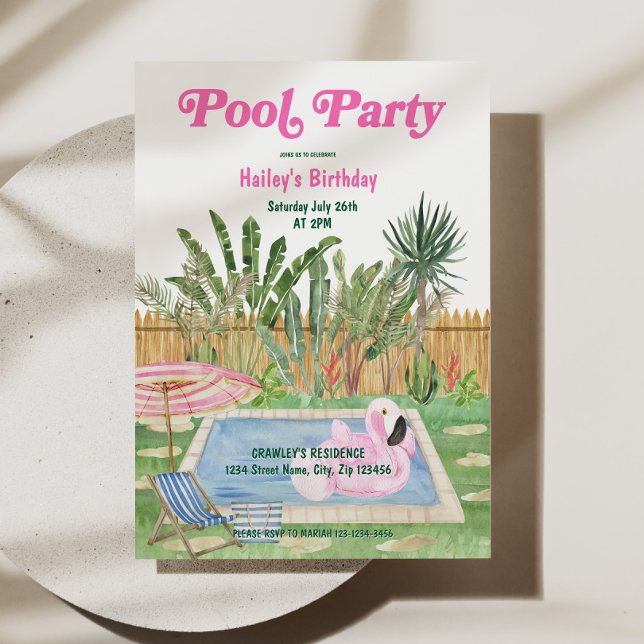 Convite de Aniversário Festa na Piscina Rosa (Pool Party Birthday Invite Pink)