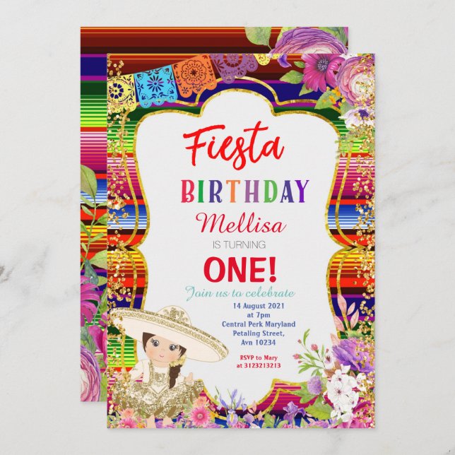Convite de aniversário Fiesta Mexicana Dourado (Frente/Verso)