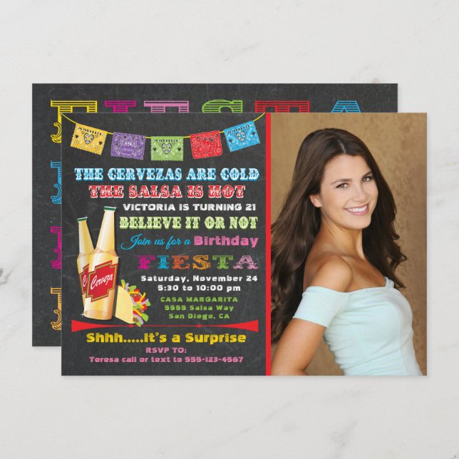 Convite de aniversário Fiesta mexicano (Frente/Verso)